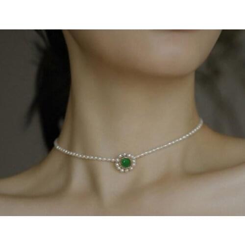 Favorite Pearl Necklace White Rice Freshwater Pearls Green Round Jade Flower Choker Necklace Handmade Fine Jewelry Lady Gift
