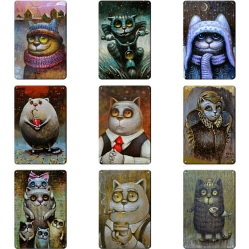 Funny Cartoon Big Eyes Cat Metal Plaque Vintage Tin Sign Shabby Iron Poster Bar Pub Club Restaurant Wall Decoration Home Decor