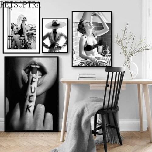 Fashion Black White Sexy Lips Lady Picture Wall Art Canvas Prints Poster Smoking Girl & Gorilla Painting Retro Photo Home Decor