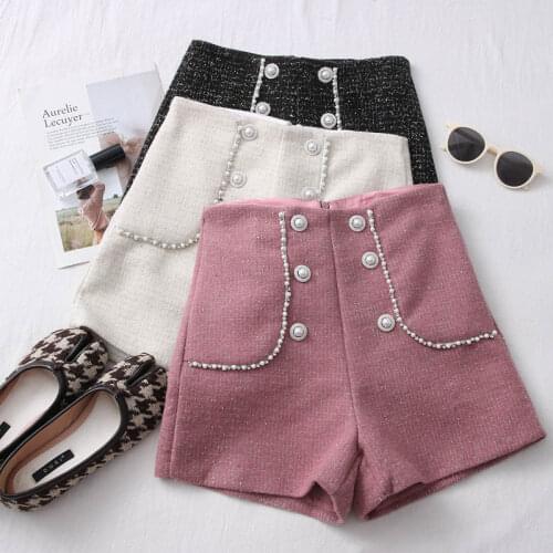 Autumn Winter Fashion Elegant Office Woolen Shorts Women Pink Black Double-Breasted Beaded Slim High Waist Women Shorts C7623