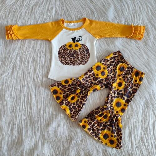 RTS wholesale Lovely Toddler Girls Clothing Sets Sunflower Pumpkin Toddler Long Sleeve and Bell Bottoms Pants Boutique Outfits