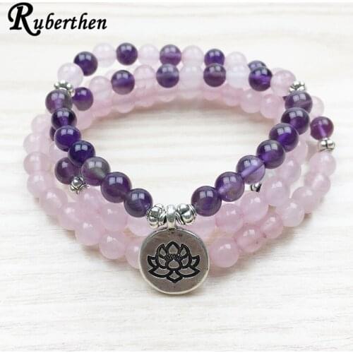 Ruberthen Designer Lotus Charm Bracelet 108 Mala Necklace 6mm Beads Rose Stone Jewelry Crystal Stone Yogi Bracelet Free Shipping