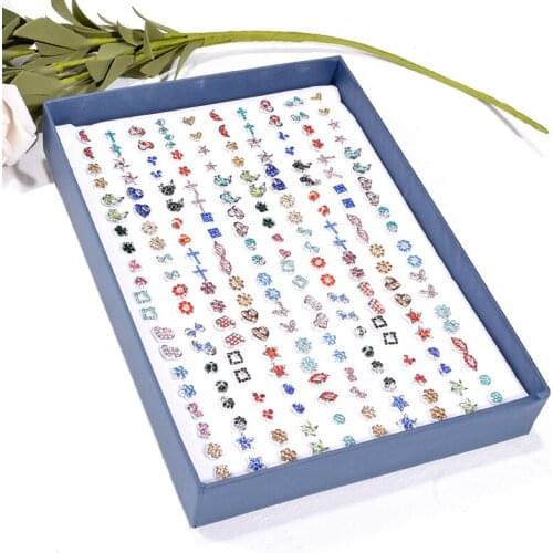 100 Pairs Colorful Acrylic Crystal Small Earrings Sets for Women Girl Child Heart Star Animal Moon Cross Stud Earring Jewelry