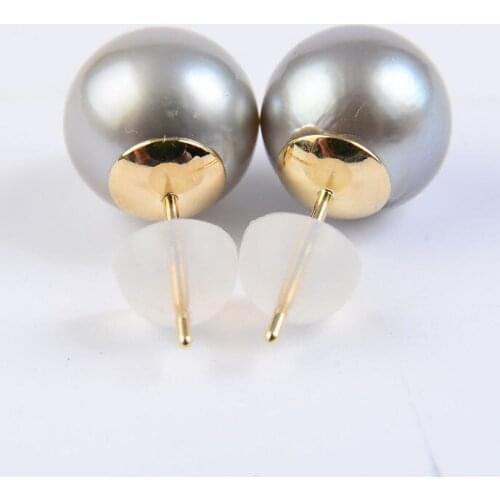 10MM Natural Gray Genuine Tahitian Pearl Ear Stud Earrings 9K Solid Yellow Gold