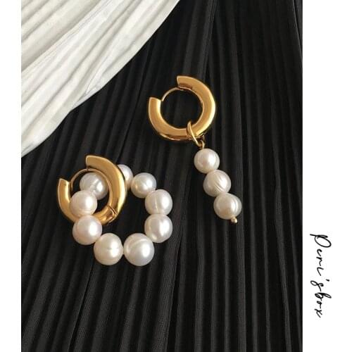 PerisBox Asymmetric Natural Freshwater Pearl Hanging Earrings Double Circle Dangle Earrings French Unusual French Drop Earrings