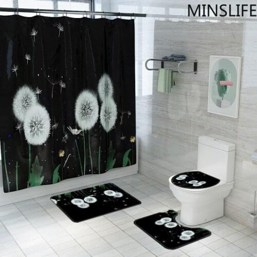 Waterproof Bathroom Curtains Shower Curtain Set Anti-skid Bath Mat Pedestal Rugs Toilet Cover Floor Lid Night Dandelion Pattern