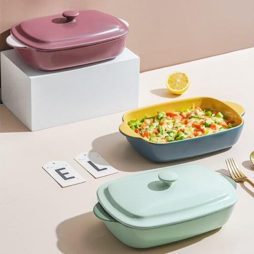 Japan-style creative baking pan cheese baked rice bowl ceramic plate household binaural baking bowl with lid oven special plate