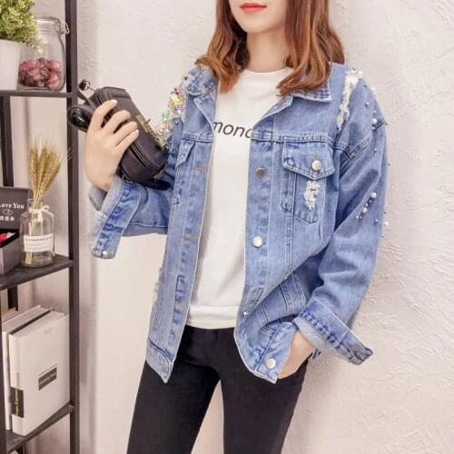 2021Spring Autumn Womens nNew Style Jeans Students Loose And Thin Large Size Beaded Hole Denim Jacket Ladies Coat Trend L385