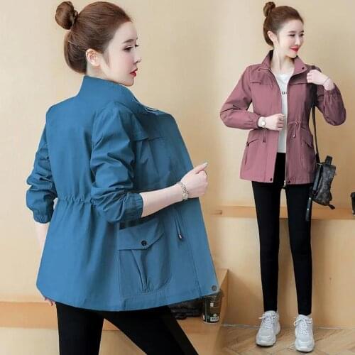 Chic Windbreaker Jacket Women Spring Autumn Outwear Tops 2021 New Large Size 3XL Waist Jackets Blue Black Fashion Female Coat