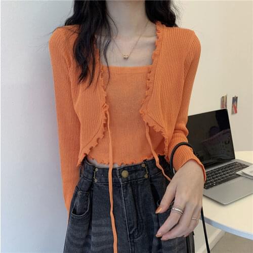 Woman Sweaters Cardigan Autumn Knitted Stringy Selvedge Lace-up Braces Long Sleeve T-shirt Womens Short Top