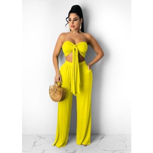 2 Pieces Casual Sets Women Sexy Sleeveless Self Tie Crisscross Halter Neck Crop Tube Tops Wide Leg Long Pants Streetwear Outfits