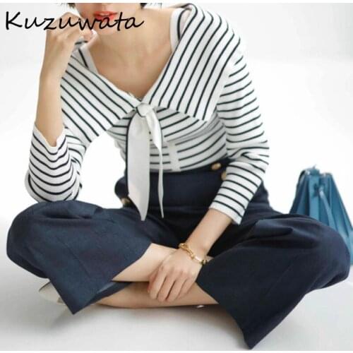Stripes Chic Spring Hit Color Patchwork Women Pullover New Sailor Collar Drawstring Knit Woman Sweaters Fashion Tops