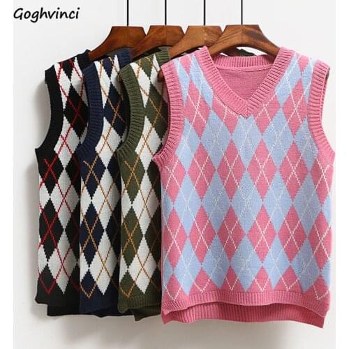 Sweater Vest Women New Autumn Loose Korean Knitting Argyle College Basic Students Waistcoat Casual Fashion Female Tunic Classic