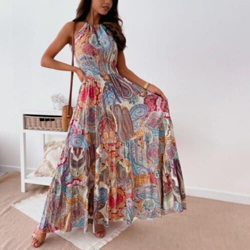New Sexy Halter Backless Long Party Dress Women Casual Pattern Print Vintage Dress Sping Summer Off Shoulder Ruffle Maxi Dresses