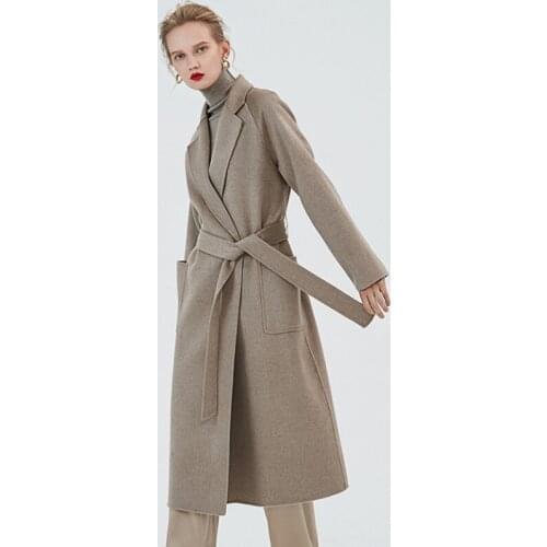 New style 2019 winter slim woolen overcoat water ripple double-sided cashmere women coats lady tie waist fashion wool clothes