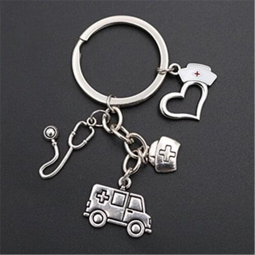 1Pc Vintage Doctor Medical Keychain Stethoscope Syringe Ambulance Pendant Keyring For Nurse Creative Gift Jewelry Accessories