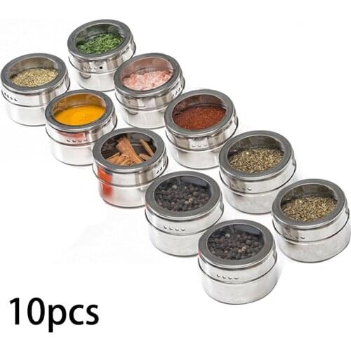 10Pcs/Set Clear Lid Magnetic Stainless Steel Spice Jar Sauce Pepper Seasoning Storage Container Kitchen Houseware