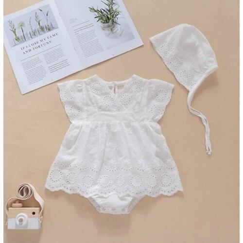 2020 New Summer Baby Girl Cotton V-neck Cute Romper+hat 2pcs Lace Breathable Crawling Clothes Casual Flying Sleeve Infant Romper