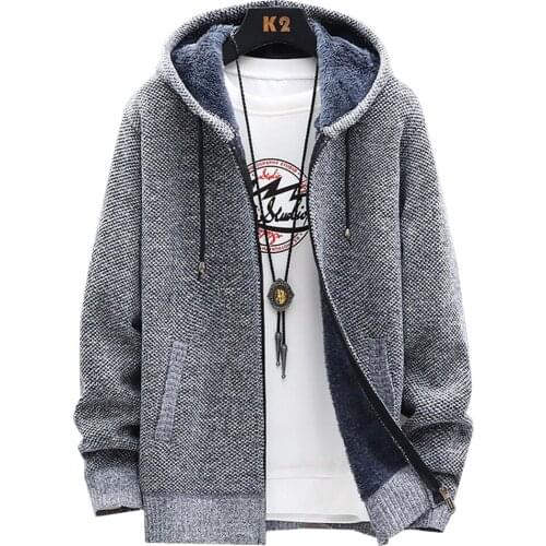 Cofekate Mens Fashion Clothing Trends Long Sleeve Full Zip Up Hooded Sweater Coats Warm Knitted Jackets Outerwear Plus Size