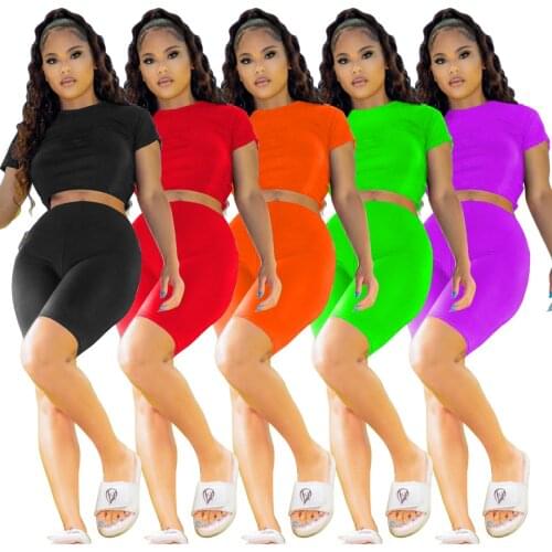 Adogirl Tracksuit Neon Women 2 Piece Set Short Sleeve Crop Top High Waist Biker Shorts 2021 Summer New Fitness Casual Outfits