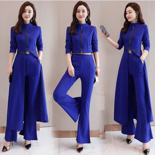 2pcs Matching Outfits Women Suit Set Work Wear High Waist Split Wide Leg Flare Pants + Long Windbreaker Trend