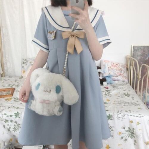 Mothybot Summer New Japanese Navy Collar Dress Female Student Korean Version Loose Wild Mid-Length Sweet A-Line