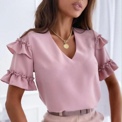 Hot Sales!!Tops Ruffle Loose Chic Women Solid Color T-shirt for Office
