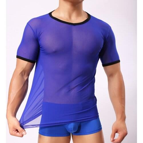 Men Tight Sexy Gauze Transparent Short Sleeve T-shirt Mens Breathable Sports Short-sleeved T-shirt