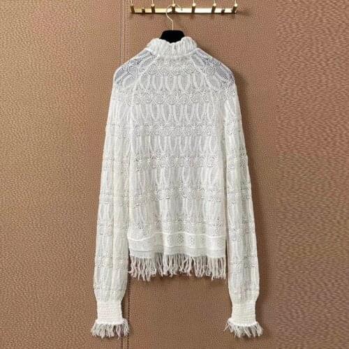 Winter High Quality Autumn White Wool Hollow Out Flower Embroidery Tassel Warm Elegant Sweater