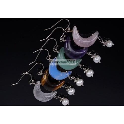 Natural Gems Stone Pearl Moon Reiki Chakra Pendant Silver Plated Hook Earrings 5 Pairs/Pack