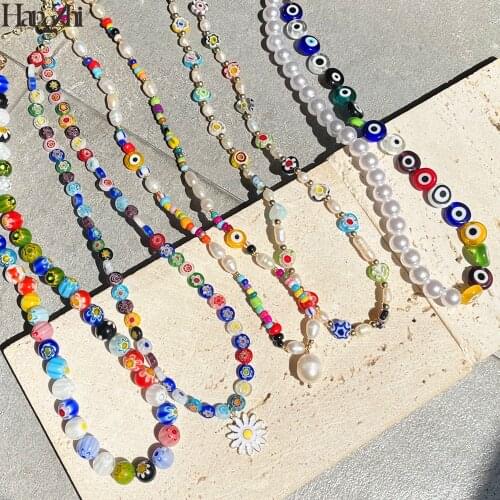 HangZhi 2021 New Summer Colorful Glazed Daisy Flower Pendant Pearls Necklace for Women Jewelry Trendy Clavicle Choker Necklace