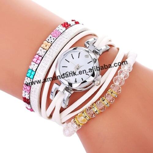 Wholesale Women Dress Watches Hot Women Quartz Watch Leather Casual Long Wristwatches Round Beads 919085