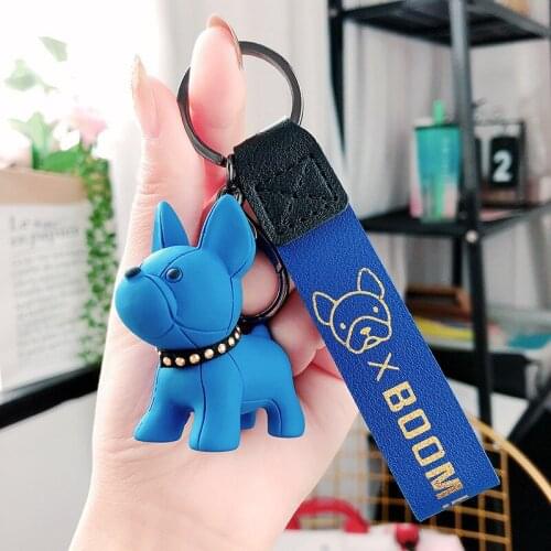 Bulldog Pendant Keychains Dog Leather Silicone Strap Keychain for Women Bag Car Key Ring Lobster Clasp Key Chain Jewelry