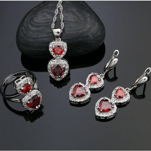 925 Silver Bridal Jewelry Sets for Women Heart Shaped Red Stone White Crystal Earrings/Rings/Pendant/Necklace Set