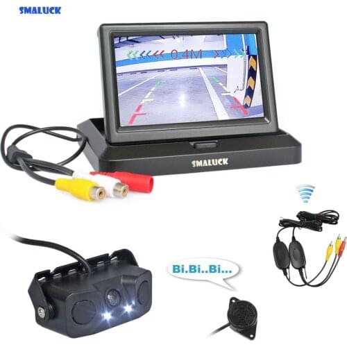 SMALUCK Wireless 5" Car Reversing Camera Kit Back Up Car Monitor Video Parking Radar Sensor 2 in 1 Car Camera Parking System
