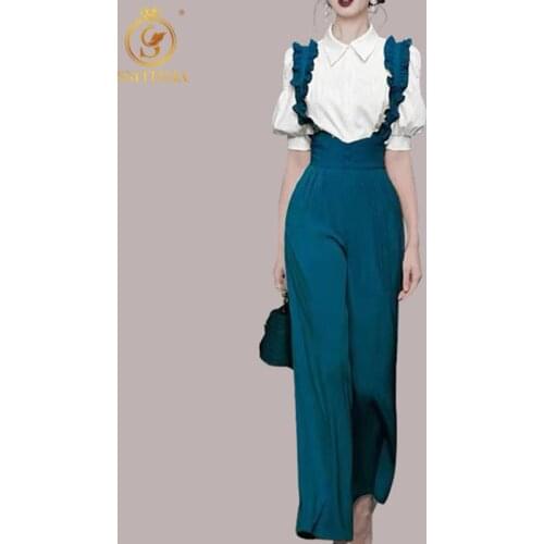 SMTHMA New Fashion Two-Piece Set Temperament Elegant Puff Sleeve Summer Shirt + High Waist Wide Leg Pants Outfits