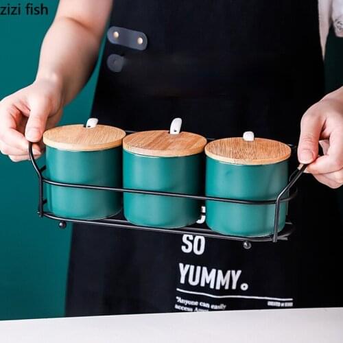 European-style Dark Green Ceramic Seasoning Jar Kitchen Storage Container Sugar Salt Shaker Pepper Powder Chili Storage Box New