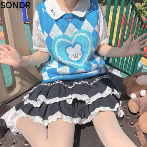 2021 Autumn Kawaii Girl Knitting Vest Female Pullover Sweater Sweet Cute Cartoon Rabbit Print O-Neck Argyle Knit Sweaters Jumper
