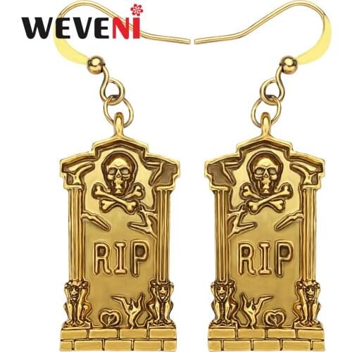 WEVENI Halloween Alloy Antique Gold Plated Tombstone Earrings Big Skull Dangle Drop Jewelry For Women Girls Novelty Party Gift