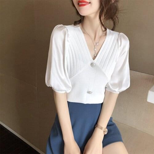 Knitted Top Women Thin Elegant Short Sleeve V-neck Chiffon Stitching White T-shirt Women