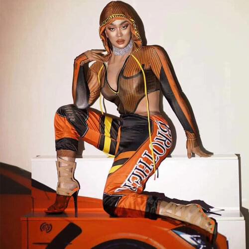 Striped Hooded V-Neck Asymmetrical Jumpsuit Letter Print Fit and Flare Playsuits Casual Style Racing Bodysuits Stage Wear Women