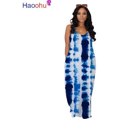 Rainbow Tie Dye Print Summer Bohemian Dress Women Spaghetti Strap Sleeveless Loose Dress Vintage Deep V Neck Pockets Maxi Dress