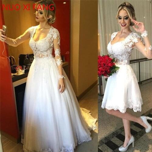 Vestido De Novia 2020 Long Sleeve Lace Wedding Dress 2 in 1 Detachable Skirt Wedding Gown Back Illusion Princess Bridal Dresses