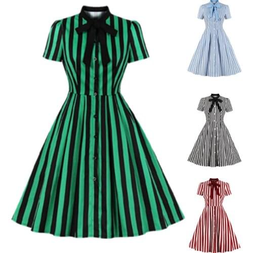 50s Vintage Hepburn Women Stripe Midi Dress Short Sleeves Bow Neck Button Rockabilly Vestidos High Waist Swing Pleated Dresses