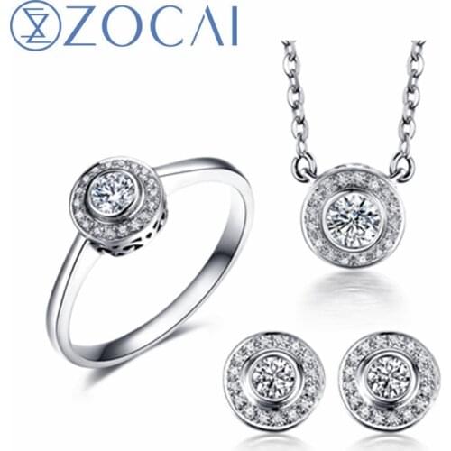 ZOCAI ring earrings necklace suit real certified total 0.39 CT 18K rose/white gold (AU750) wedding jewelry suit