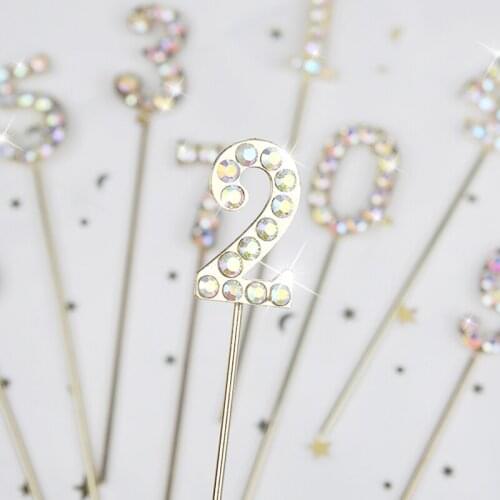 1PC Glitter Alloy Rhinestone Number Cake Topper Flags digit 0-9 Baby Shower Happy Birthday Party Beauty Digital Supplies Cupcake