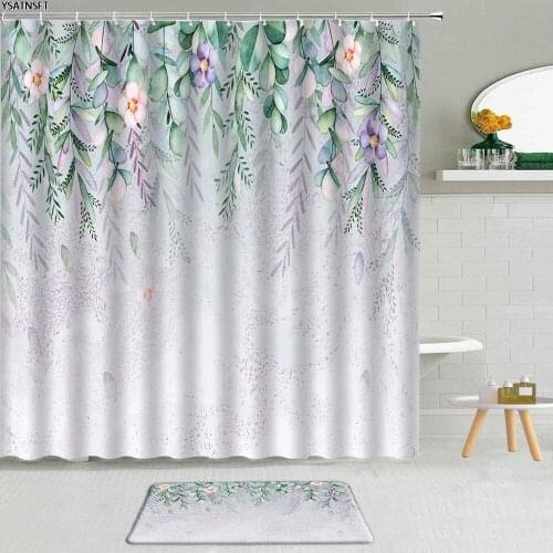 2Pcs Plant Watercolor Flowers Shower Curtain Green Vine Leaves Retro Floral birds Bathroom Non-Slip Bath Mat Decor Curtains Set
