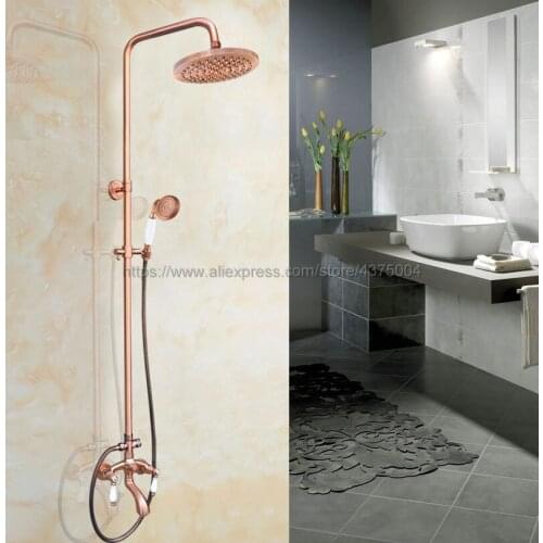 Antique Red Copper Bathroom 8" Rainfall Shower Faucet Set Bath Shower Mixer Taps Wall Mounted with Handshower Nrg566