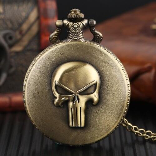 Bronze Retro Steampunk Skeleton Pendant Full Hunter Design Pocket Watch Vintage Mini Pendant Necklace Quartz Clock Skull Watch