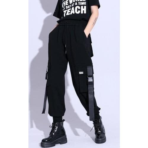 Women Cargo Pants Black Loose Hiphop Harem Pants High Waist Leisure Pockets Trousers Female Full Length Pants Unisex P9362